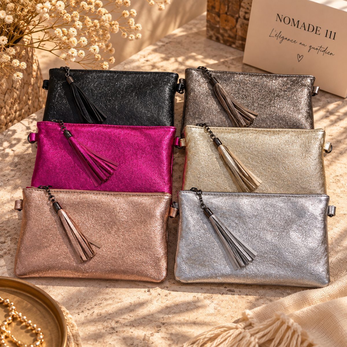Pochette femme en cuir brillant avec bandoulière amovible et réglable Nomade 111