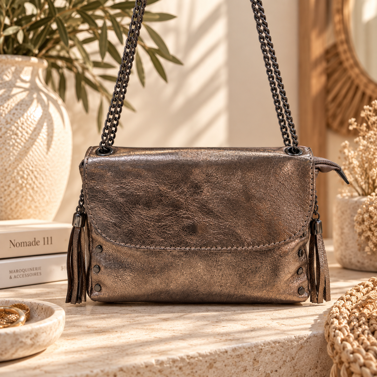 Nomade Rock ⭐ – Sac en cuir irisé à chaîne