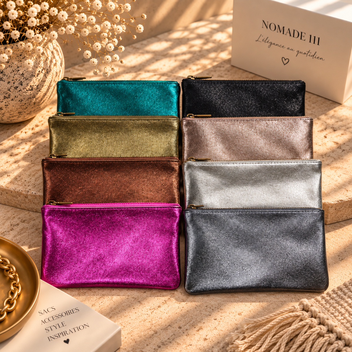 Pochette en cuir brillant zippée